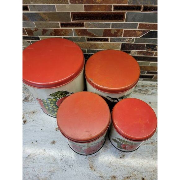 Set of 4 Vintage Ballonoff Canisters, Fruit Design Tin Containers, Kitchen Decor - Picture 4 of 7